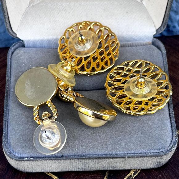 Gold Earring Set Dangle Faux Pearls and 90s Large Studs - Picture 8 of 8